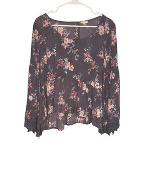 En Creme Women's Size Small Gray Shear Boho Floral Blouse